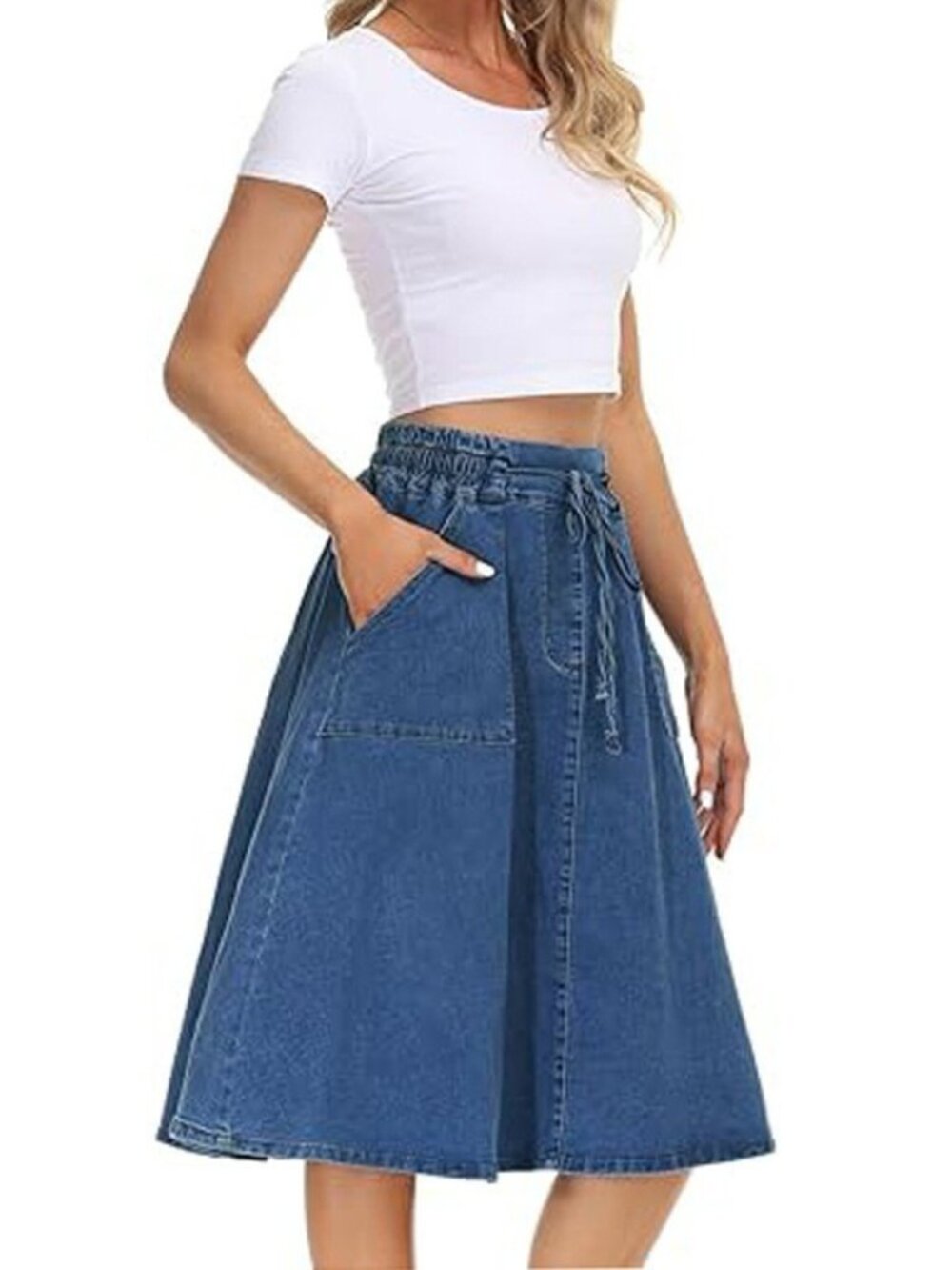 Women's Blue High Waist Cotton Skirt A-Line Long Casual Elegant Skirt